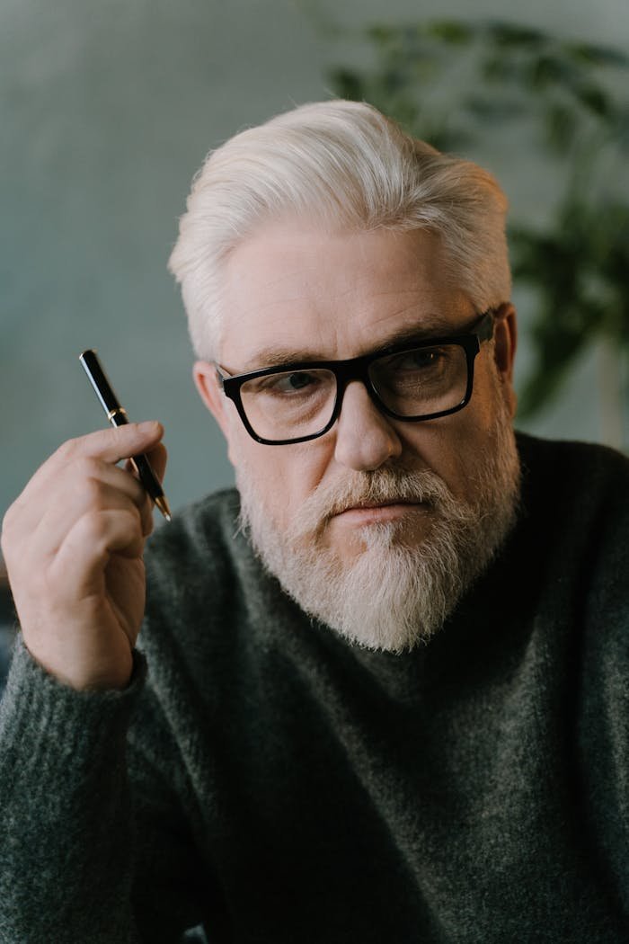 services-02 Portrait of a senior man with white hair, wearing eyeglasses and holding a pen, in a thoughtful pose.